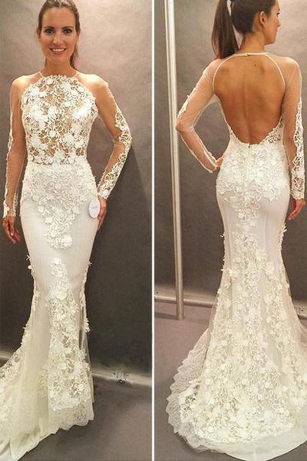 NumberSea Gorgeous Lace Mermaid Long Sleeve Open Back Wedding Dress Bridal Dresses, MW182