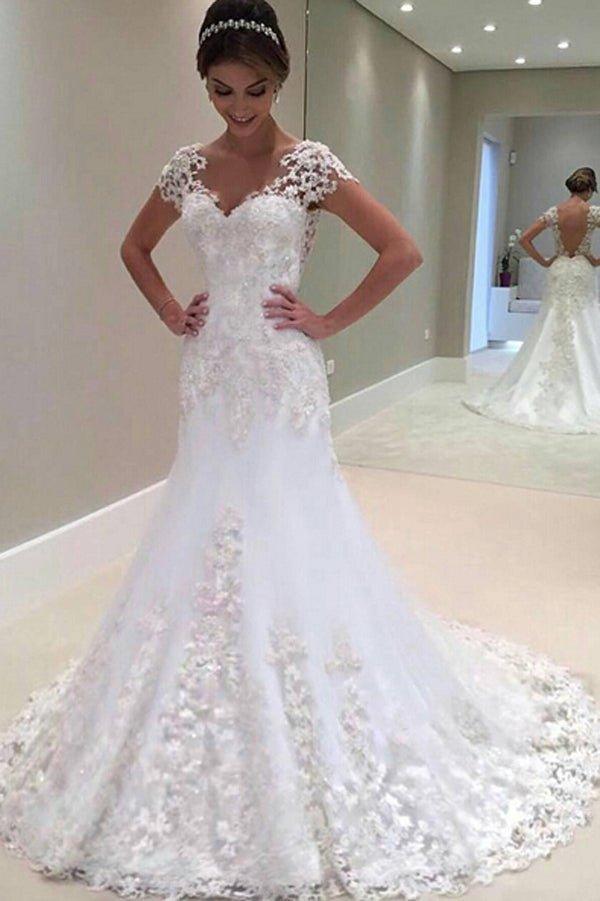 NumberSea Gorgeous Long Mermaid Lace Cap Sleeves Wedding Dress, Wedding Gown, MW292