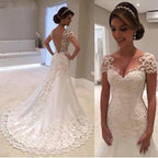 NumberSea Gorgeous Long Mermaid Lace Cap Sleeves Wedding Dress, Wedding Gown, MW292