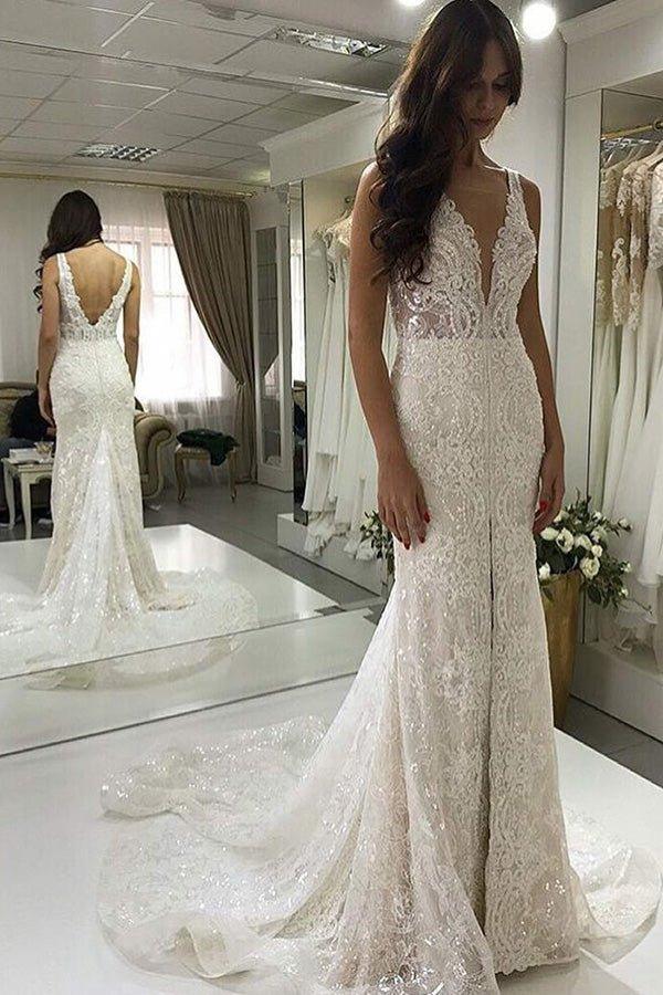 NumberSea Gorgeous Mermaid V-neck Lace Long Wedding Dresses,Sparkly Slit Wedding Dresses with Train,MW476