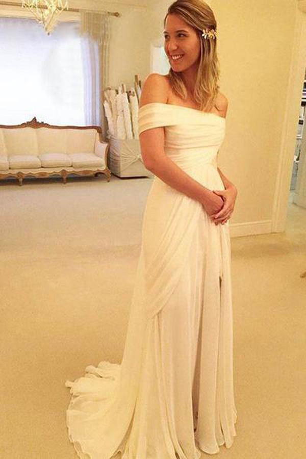 NumberSea Gorgeous Off Shoulder Side Split Long Beach Wedding Dresses, Cheap Bridal Gowns, MW103
