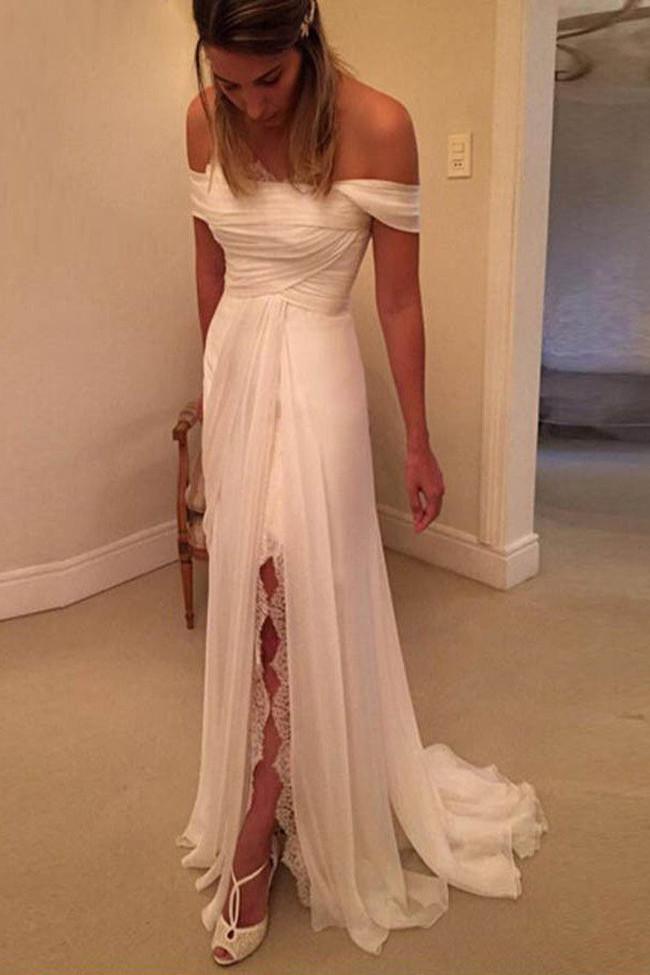 NumberSea Gorgeous Off Shoulder Side Split Long Beach Wedding Dresses, Cheap Bridal Gowns, MW103