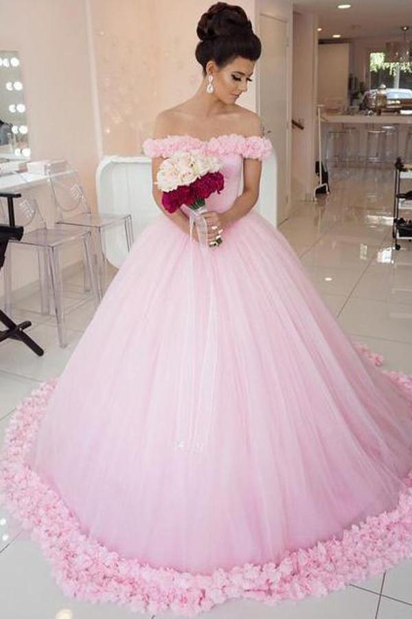 NumberSea Gorgeous Pink Tulle Off shoulder Ball Gown Wedding Dresses, Quinceanera Dresses, MW205