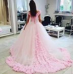 NumberSea Gorgeous Pink Tulle Off shoulder Ball Gown Wedding Dresses, Quinceanera Dresses, MW205