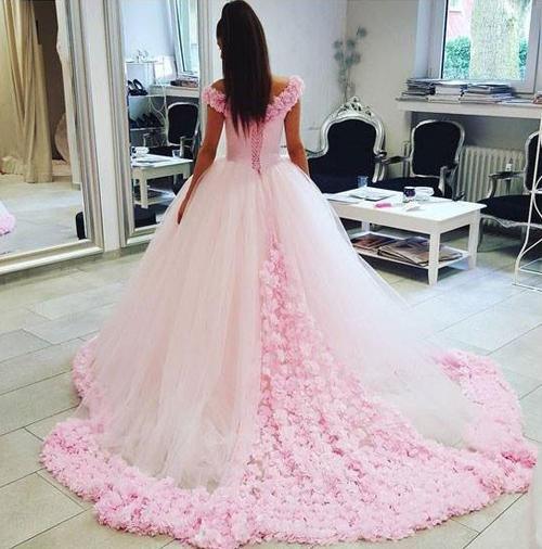 NumberSea Gorgeous Pink Tulle Off shoulder Ball Gown Wedding Dresses, Quinceanera Dresses, MW205