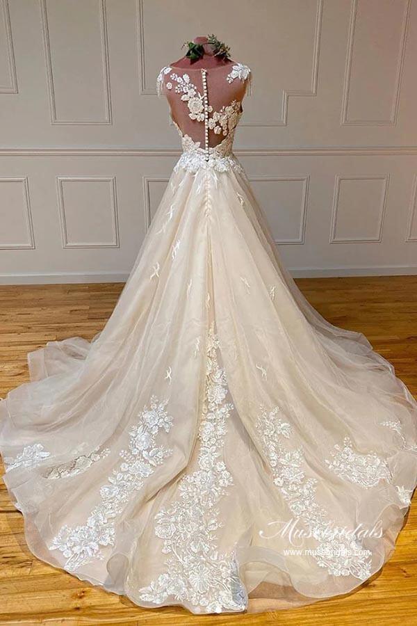 NumberSea Gorgeous Tulle A-line Scoop Sleeveless Lace Appliques Wedding Dresses, MW940