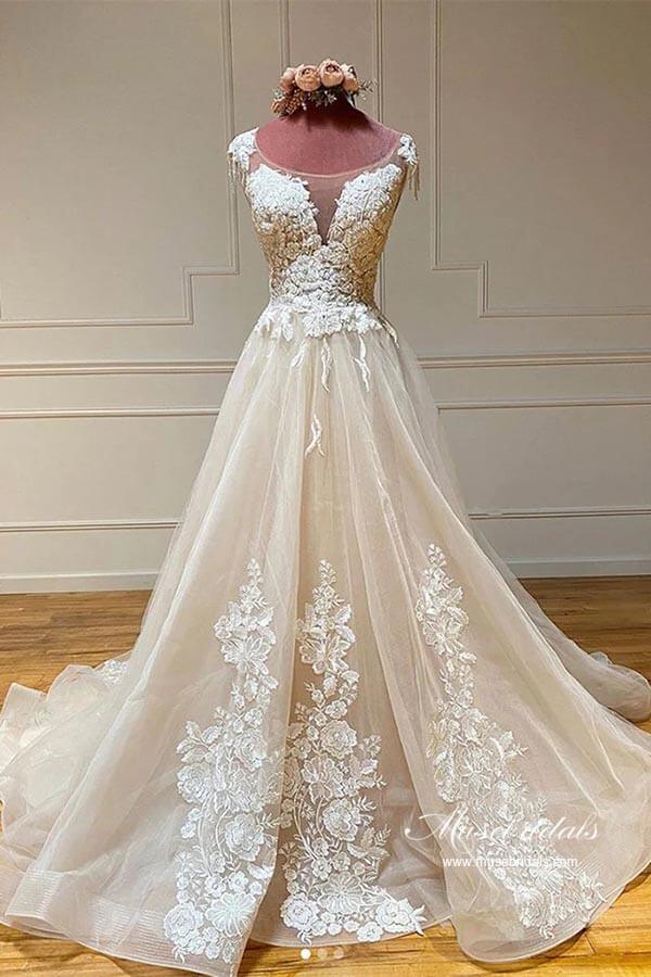 NumberSea Gorgeous Tulle A-line Scoop Sleeveless Lace Appliques Wedding Dresses, MW940