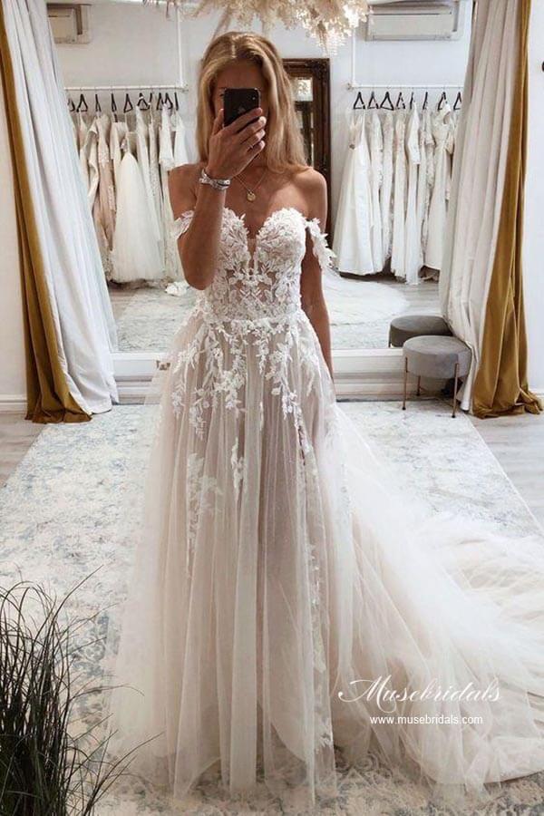 NumberSea Gorgeous Tulle A-line Sweetheart Neck Lace Appliques Wedding Dresses, MW950