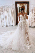NumberSea Gorgeous Tulle A-line Sweetheart Neck Lace Appliques Wedding Dresses, MW950