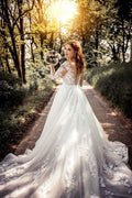 NumberSea Gorgeous Tulle Lace Illusion Neck Long Sleeves Wedding Dresses, MW529