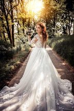 NumberSea Gorgeous Tulle Lace Illusion Neck Long Sleeves Wedding Dresses, MW529