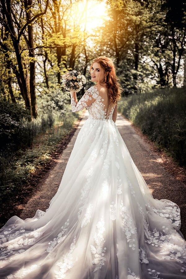 NumberSea Gorgeous Tulle Lace Illusion Neck Long Sleeves Wedding Dresses, MW529