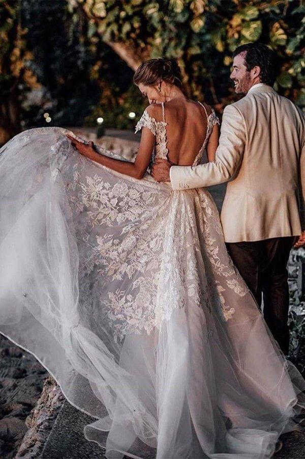 NumberSea Gorgeous Tulle Mermaid Cap Sleeves Lace Appliqued Wedding Dresses, MW979