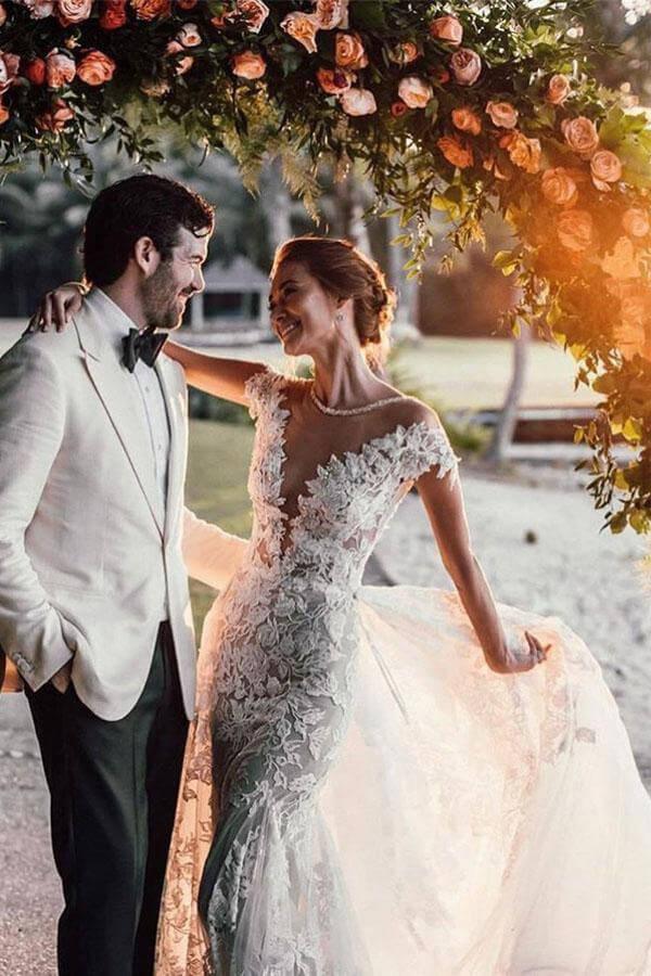 NumberSea Gorgeous Tulle Mermaid Cap Sleeves Lace Appliqued Wedding Dresses, MW979