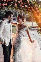 NumberSea Gorgeous Tulle Mermaid Cap Sleeves Lace Appliqued Wedding Dresses, MW979