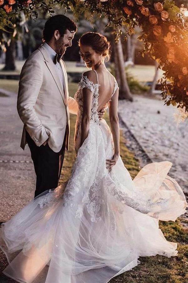 NumberSea Gorgeous Tulle Mermaid Cap Sleeves Lace Appliqued Wedding Dresses, MW979