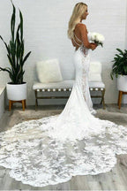 NumberSea Gorgeous Tulle Mermaid Deep V Neck Backless Lace Wedding Dresses, MW974
