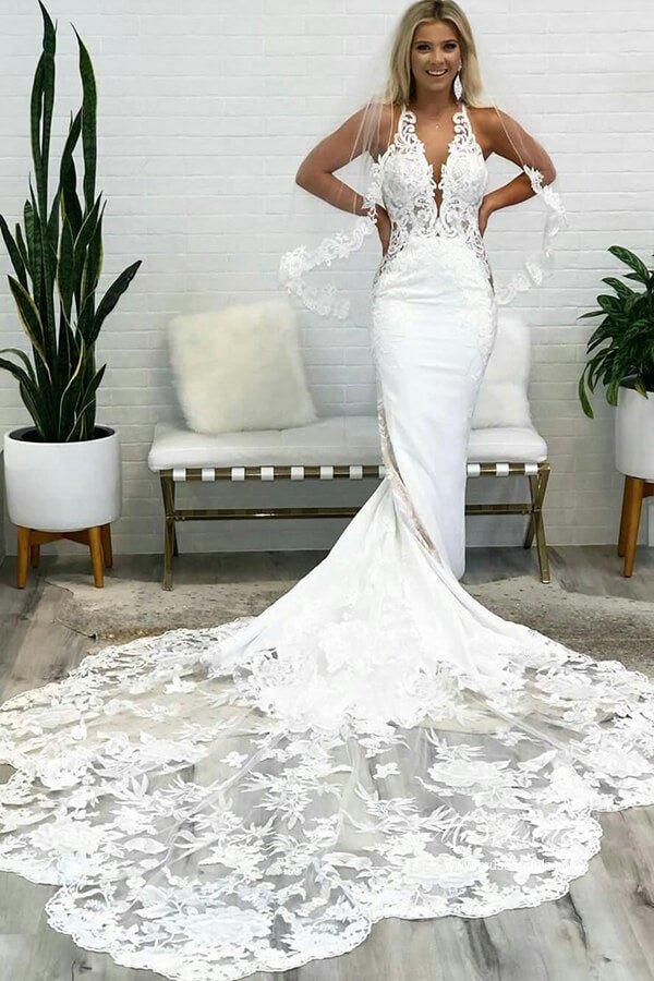 NumberSea Gorgeous Tulle Mermaid Deep V Neck Backless Lace Wedding Dresses, MW974