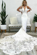 NumberSea Gorgeous Tulle Mermaid Deep V Neck Backless Lace Wedding Dresses, MW974