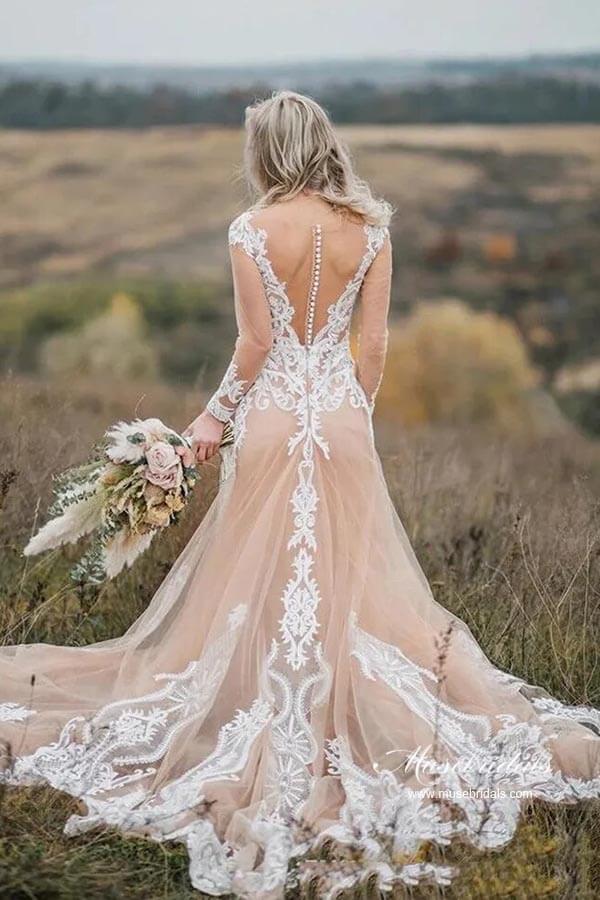 NumberSea Gorgeous Tulle Mermaid Long Sleeves Wedding Dresses With Appliques, MW967