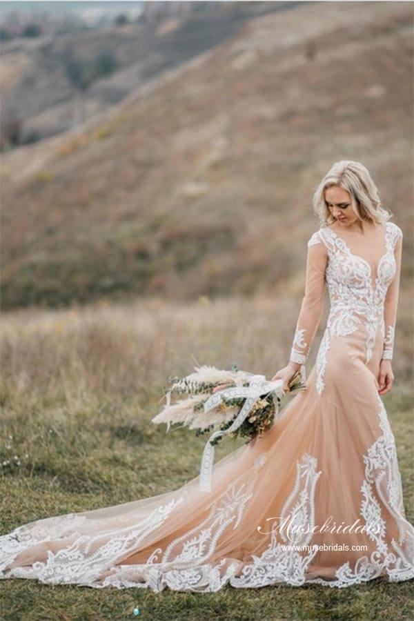 NumberSea Gorgeous Tulle Mermaid Long Sleeves Wedding Dresses With Appliques, MW967
