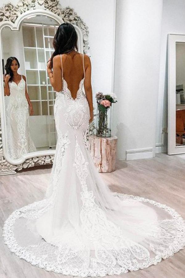 NumberSea Gorgeous White Spaghetti Straps Lace Tulle Mermaid Court Train Wedding Dresses, MW239