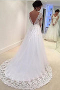 NumberSea Gorgeous White V-neck Open Back Long Sleeves Lace Appliques Wedding Dress, MW158