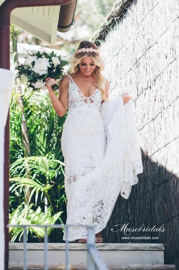 NumberSea Graceful Mermaid V-neck Lace Wedding Dresses With Sweep Train, MW936