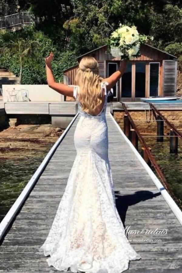 NumberSea Graceful Mermaid V-neck Lace Wedding Dresses With Sweep Train, MW936