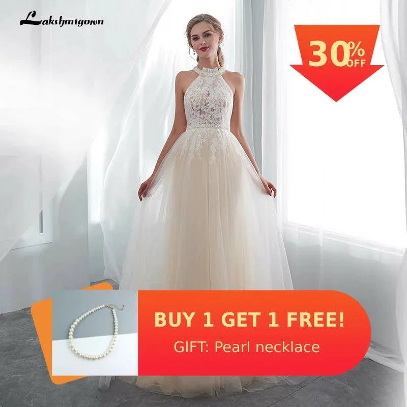 NumberSea Hater Neck Beach Bridal Dress Vestido De Noiva Light Perals Sleeveless Simple Tulle Wedding Dress
