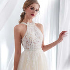 NumberSea Hater Neck Beach Bridal Dress Vestido De Noiva Light Perals Sleeveless Simple Tulle Wedding Dress