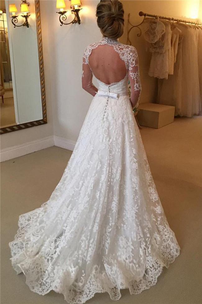 NumberSea High Neckline Lace A line Long Sleeve Open Back Wedding Dress, Bridal Dresses, MW166