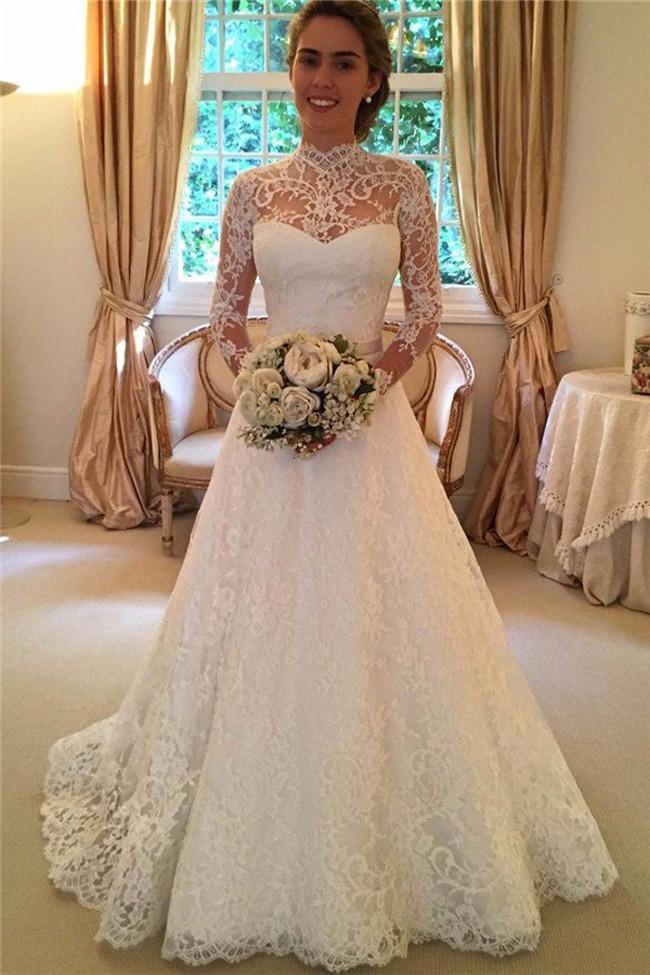 NumberSea High Neckline Lace A line Long Sleeve Open Back Wedding Dress, Bridal Dresses, MW166