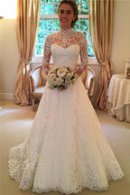 NumberSea High Neckline Lace A line Long Sleeve Open Back Wedding Dress, Bridal Dresses, MW166