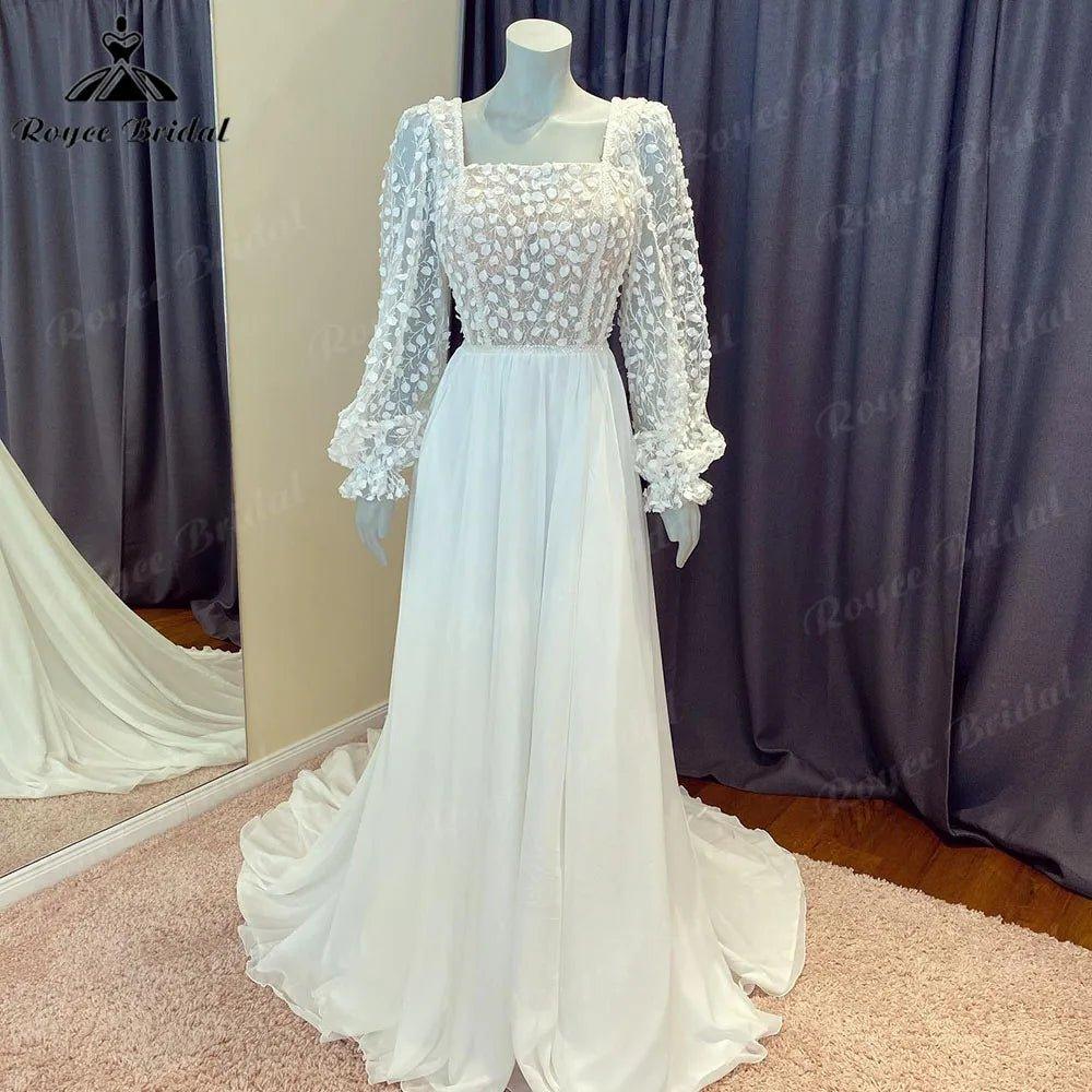 NumberSea Hochzeit Lace Bodice Chiffon Boho Puff Long Sleeve Wedding Dress for Women 2024 Country Beach Bridal Gown Boheme Vestido Novia