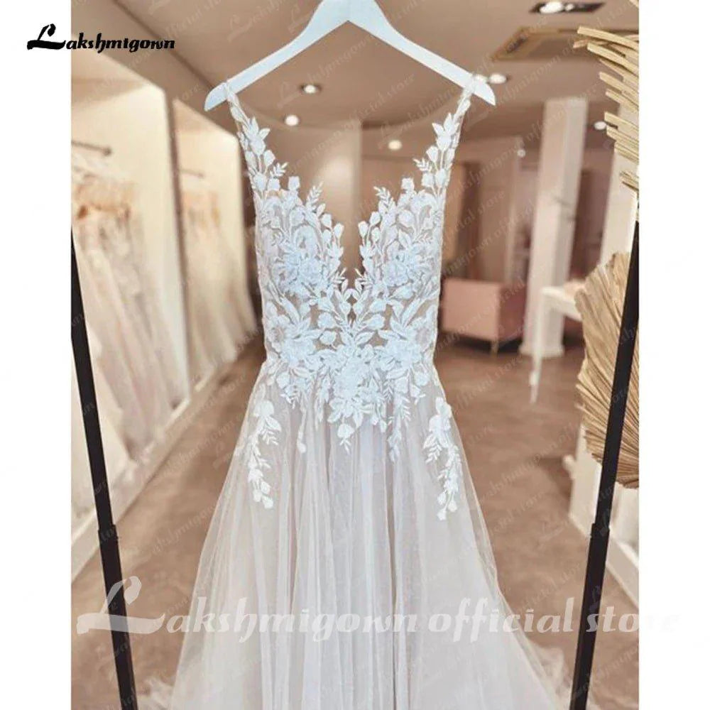 NumberSea Illusion Wedding Dress Sleeveless Backless O-Neck Bride Dress See Through Appliques Formal Robe de marie