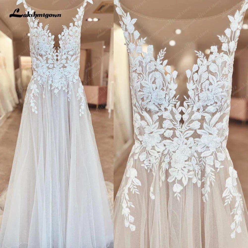 NumberSea Illusion Wedding Dress Sleeveless Backless O-Neck Bride Dress See Through Appliques Formal Robe de marie
