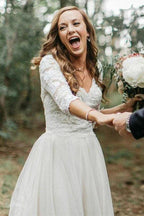 NumberSea Ivory 3/4 Sleeves Lace Top Backless Wedding Dresses, Bridal Gowns, MW555