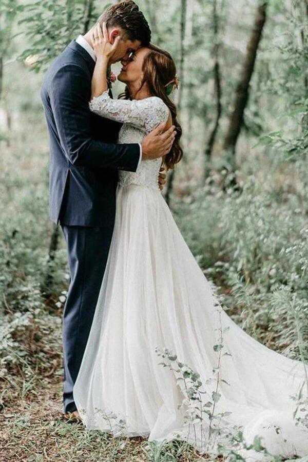 NumberSea Ivory 3/4 Sleeves Lace Top Backless Wedding Dresses, Bridal Gowns, MW555
