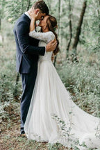 NumberSea Ivory 3/4 Sleeves Lace Top Backless Wedding Dresses, Bridal Gowns, MW555