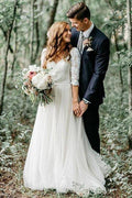 NumberSea Ivory 3/4 Sleeves Lace Top Backless Wedding Dresses, Bridal Gowns, MW555
