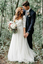 NumberSea Ivory 3/4 Sleeves Lace Top Backless Wedding Dresses, Bridal Gowns, MW555