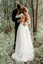 NumberSea Ivory 3/4 Sleeves Lace Top Backless Wedding Dresses, Bridal Gowns, MW555