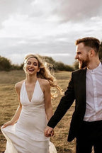 NumberSea Ivory A-line Halter Sleeveless Beach Wedding Dresses, Simple Bridal Gown, MW852