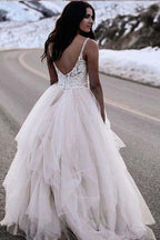 NumberSea Ivory A-line Tulle Lace Top Straps Backless Wedding dresses, Bridal Gown, MW683