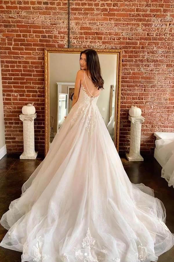 NumberSea Ivory A-line Tulle Lace V-neck Spaghetti Straps Long Wedding Dresses, MW709