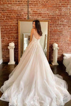 NumberSea Ivory A-line Tulle Lace V-neck Spaghetti Straps Long Wedding Dresses, MW709