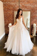 NumberSea Ivory A-line Tulle Lace V-neck Spaghetti Straps Long Wedding Dresses, MW709