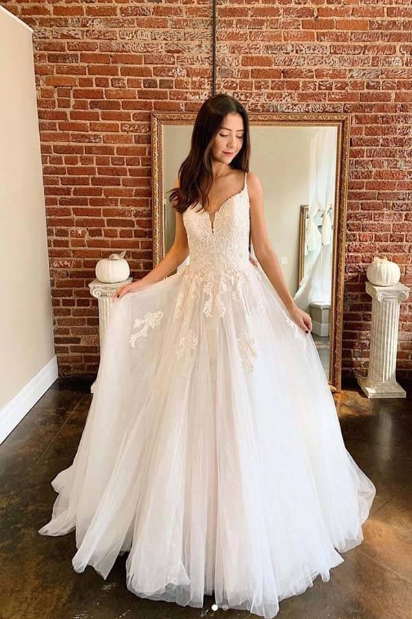 NumberSea Ivory A-line Tulle Lace V-neck Spaghetti Straps Long Wedding Dresses, MW709