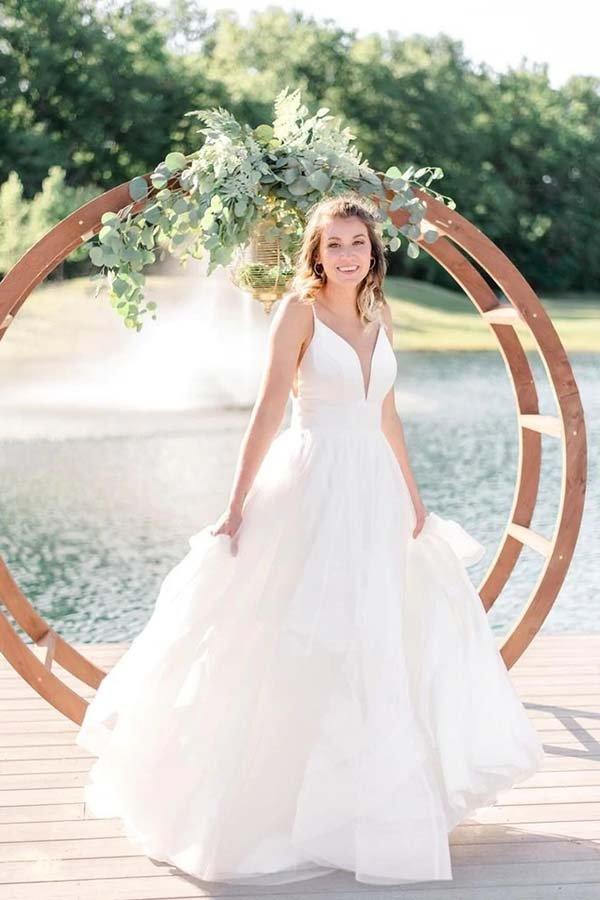 NumberSea Ivory A-line Tulle Spaghetti Straps Simple Wedding Dresses, Bridal Gown, MW707